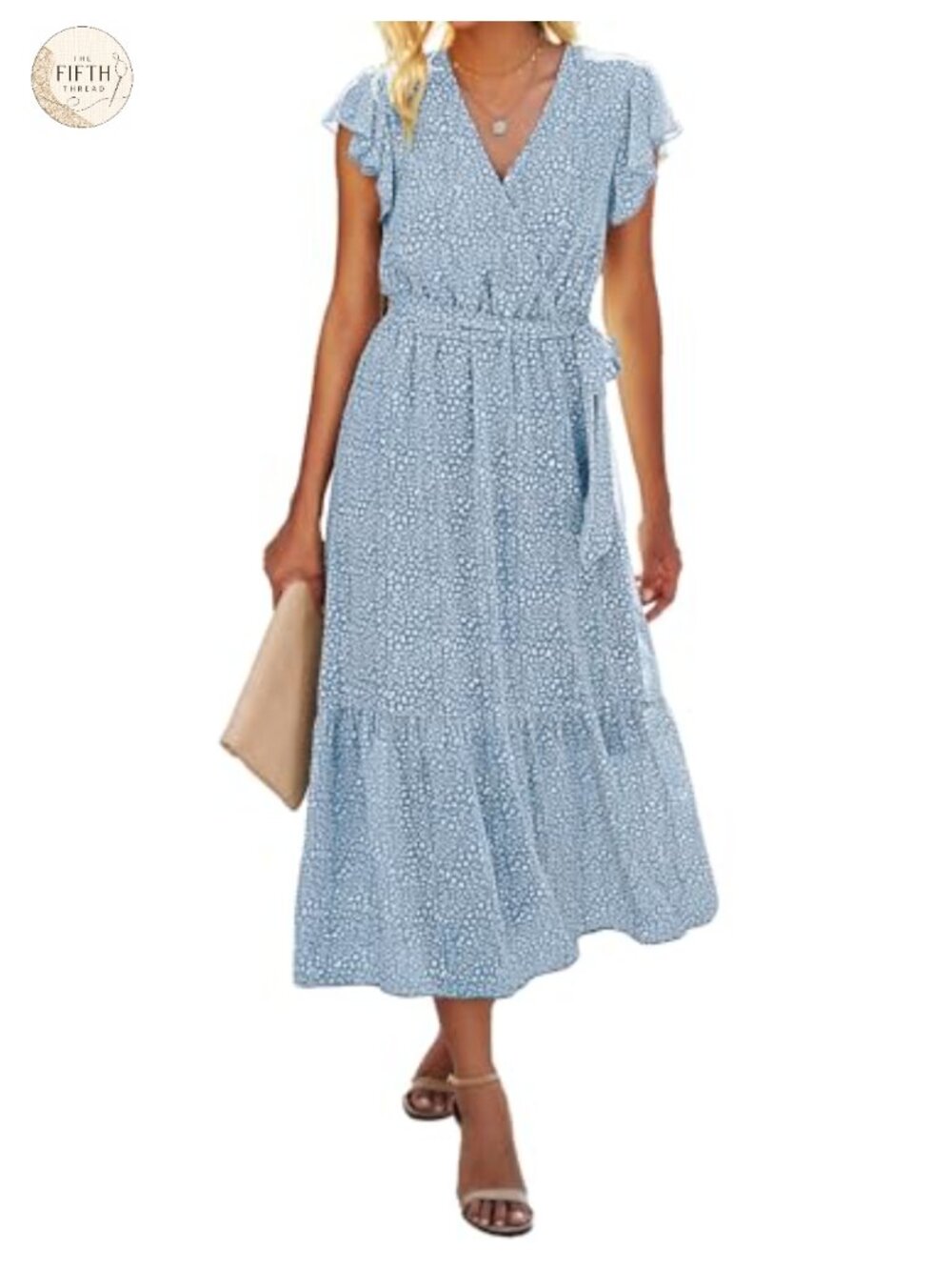 Womens Wrap V Neck Ruffle Midi Dress Bohemian Flowy Summer